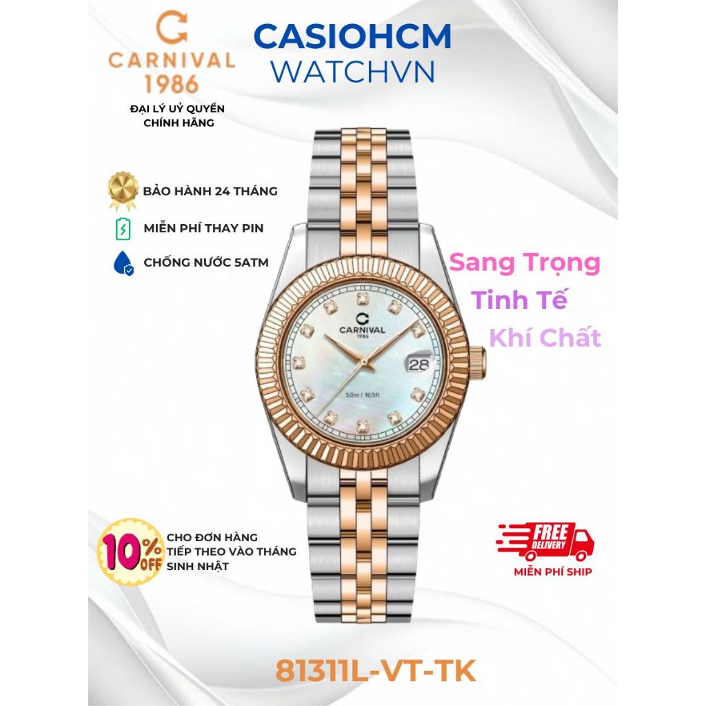 Đồng Hồ Nữ Carnival 8131L-CH-TK Chính Hãng – Mặt Trắng Khảm Xà Cừ Chỉ Hồng, Dây Thép Không Gỉ