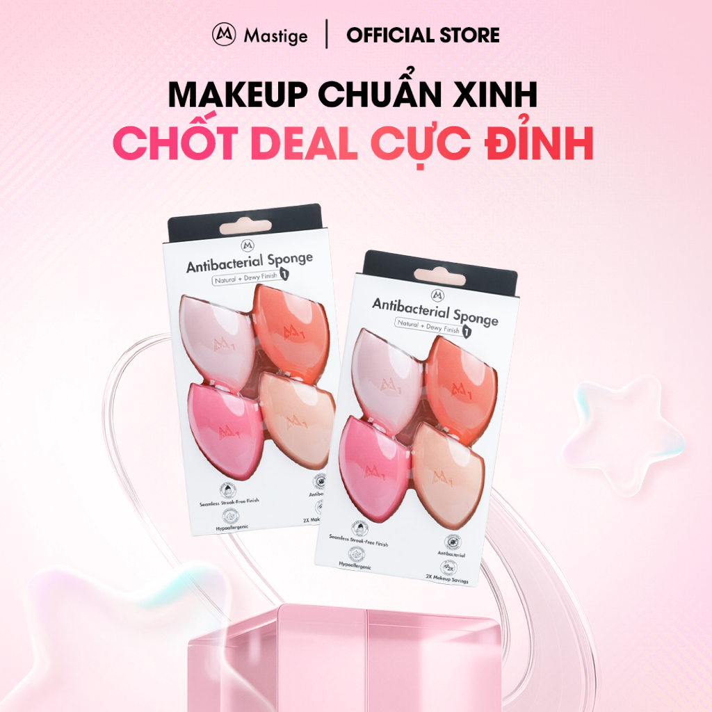[TIẾT KIỆM 50% + QUÀ] Combo 2 set 4 mút tán nền Mastige - Kháng khuẩn, Mềm mại, Tiết kiệm gấp 2 lần