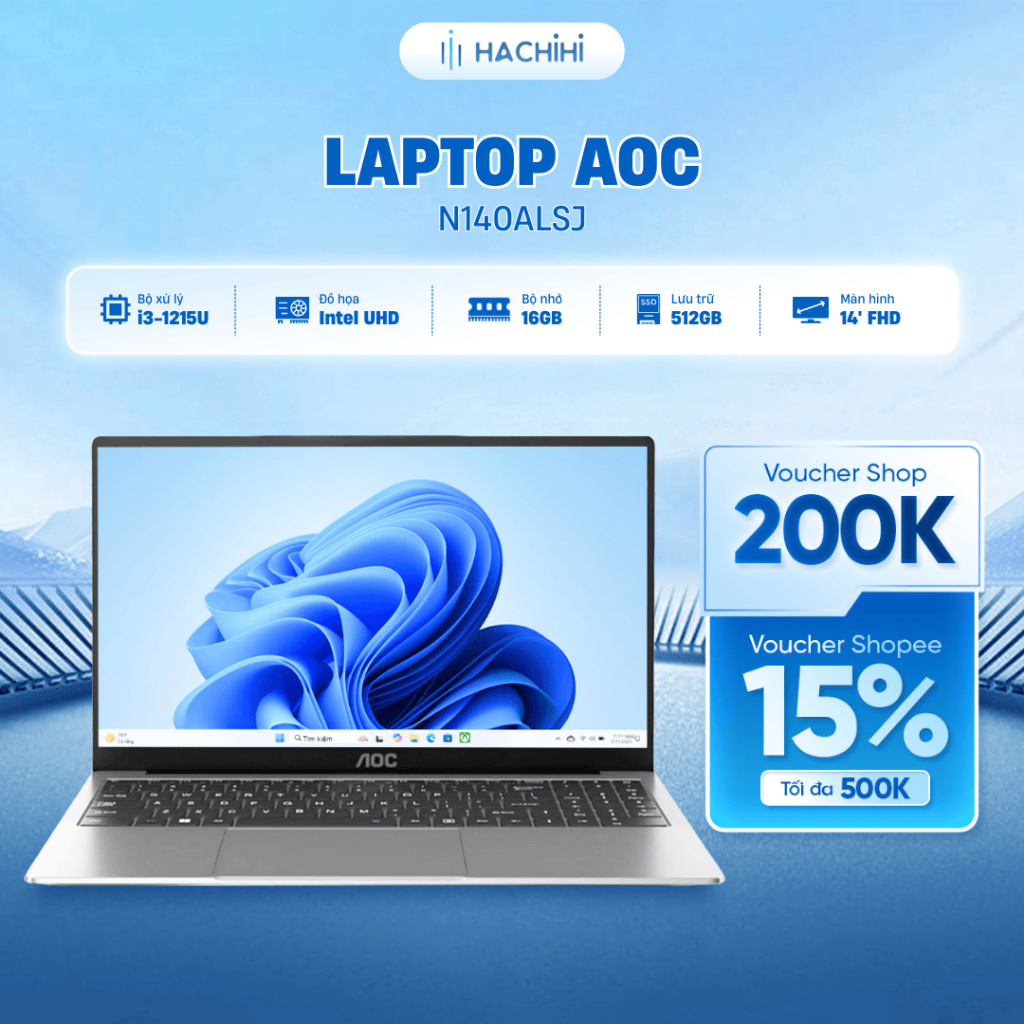 Laptop AOC N140ALSJ  Chip Core i3-1215U | Ram 16GB | SSD 512GB | 14' FHD | Win 11 Pro