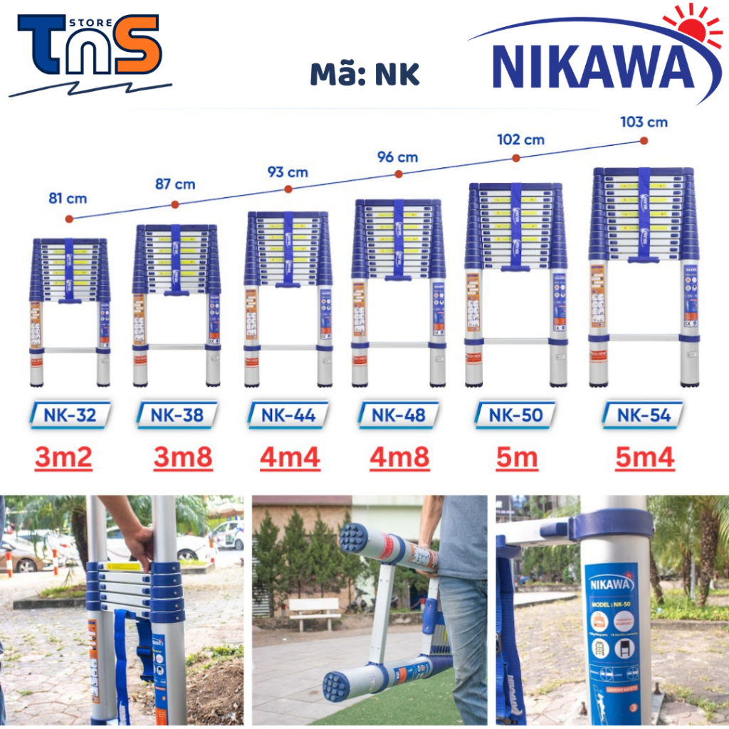 Thang nhôm rút NIKAWA Nhật bản NK60 6m, NK54 5.4m, NK50 5m, NK48 4,8m , NK44 4m4, NK38 3m8, NK32 3m2
