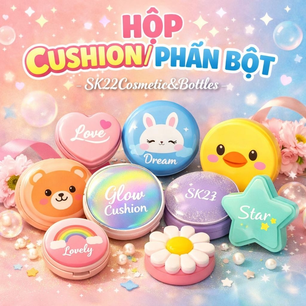 🚩(kèm bông phấn)HỘP PHẤN BỘT 5gr/10gr/20gr/30gr/50gr + HỘP PHẤN CUSHION 15ml/Mini + Bông phấn