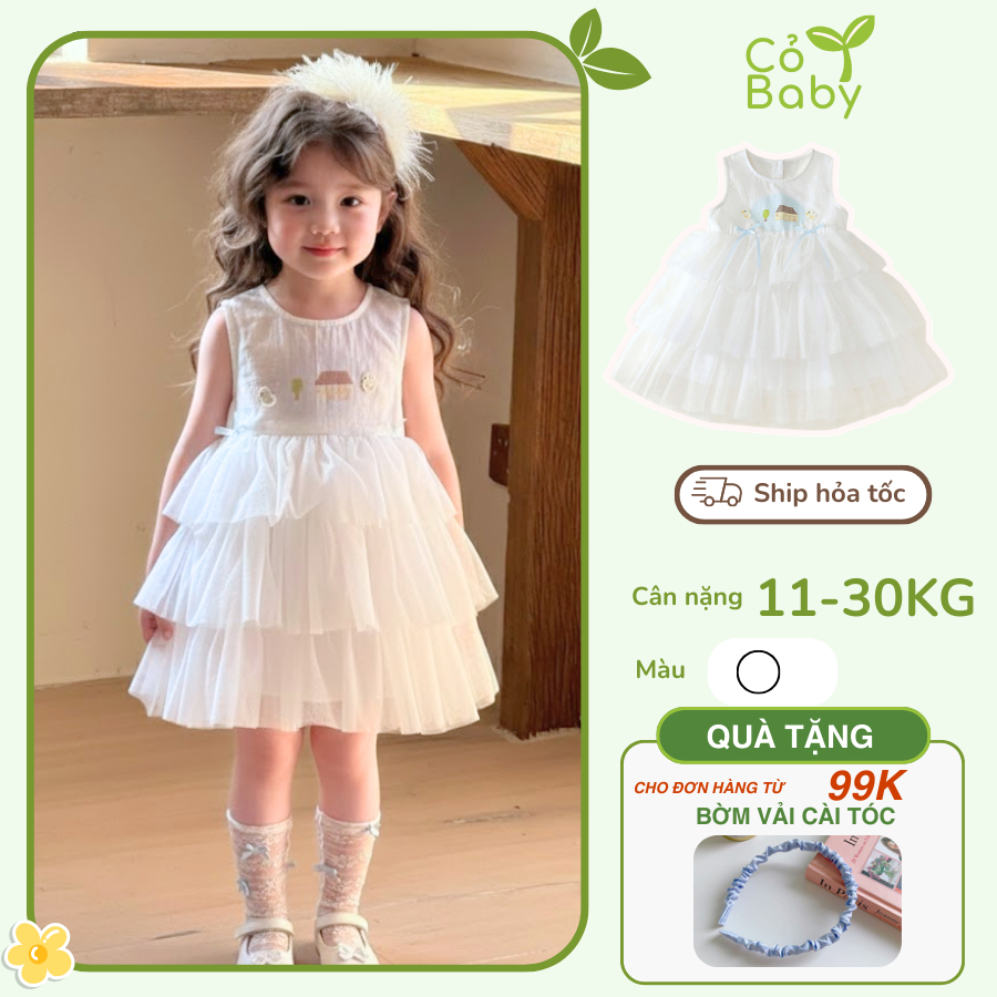 Váy công chúa bé gái Cỏ Baby váy sát nách phối tùng ren trắng xinh xắn, dáng xòe dễ thương, chất voan mềm nhẹ K5125681