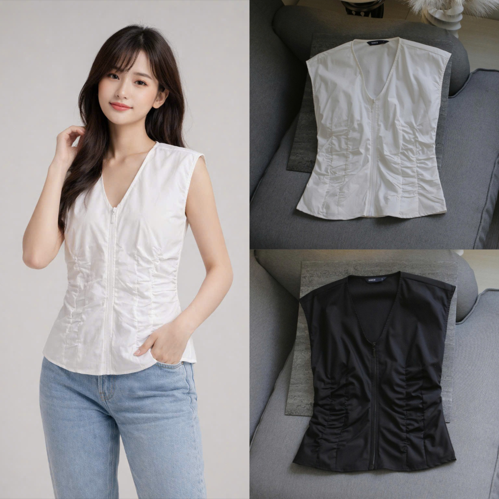 Vis Store - Áo kiểu nữ thiết kế cổ V khóa kéo xếp nhún thân trước