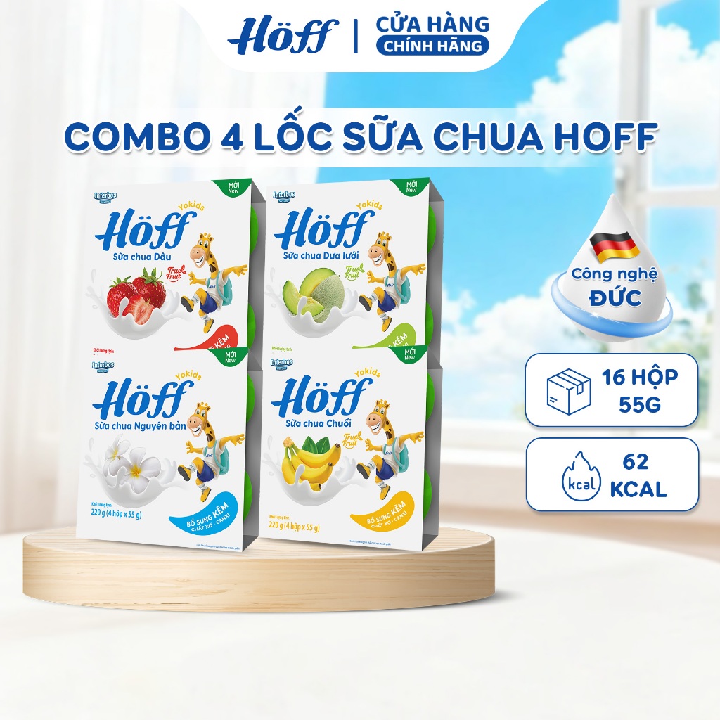 Combo 4 lốc sữa chua trẻ em Hoff 4 vị cho bé ăn dặm từ 6 tháng tuổi hỗ trợ tiêu hóa, bổ sung lợi khuẩn (16hộp x 55g)