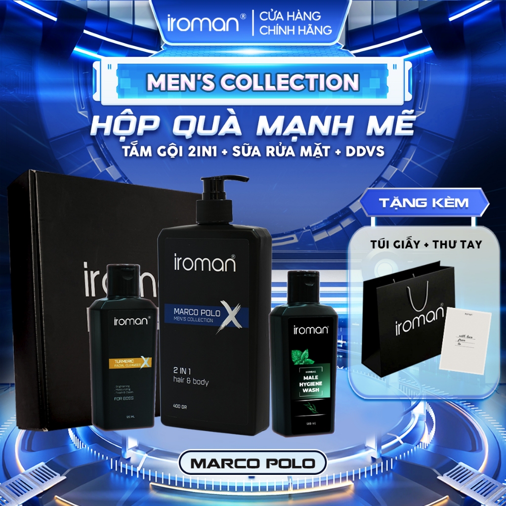 [TẶNG TÚI+THIỆP] Hộp Quà Mạnh Mẽ IROMAN Tắm Gội 2in1 400G+Sữa Rửa Mặt Nghệ 120G+ Tinh Chất Thảo Dược Vệ Sinh