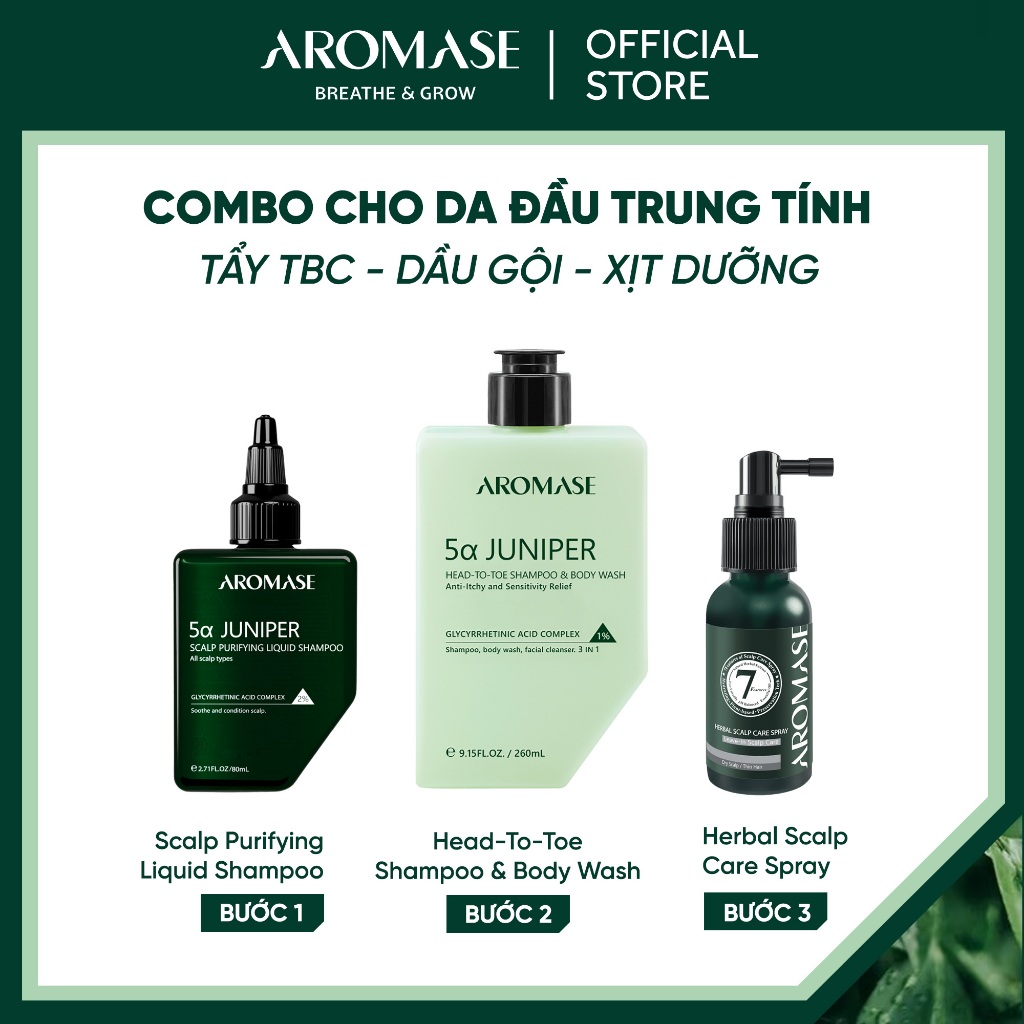 Combo AROMASE 3 bước dành cho da đầu trung tính: Tẩy tế bào chết - Gội - Xịt dưỡng thảo dược