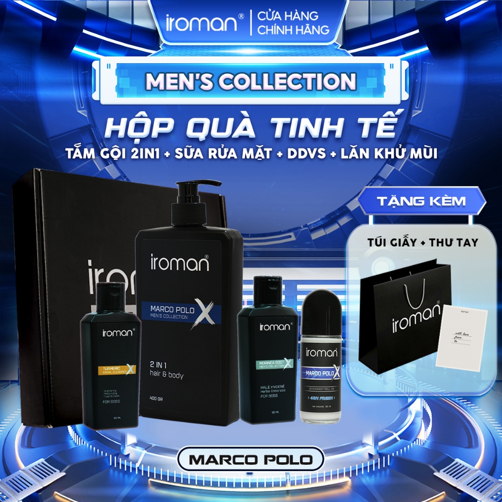 [TẶNG TÚI+THIỆP] Hộp Quà Tinh Tế IROMAN Tắm Gội 2in1 400G+Sữa Rữa Mặt 120G+Thảo Dược Vệ Sinh 120G+Lăn Khử Mùi