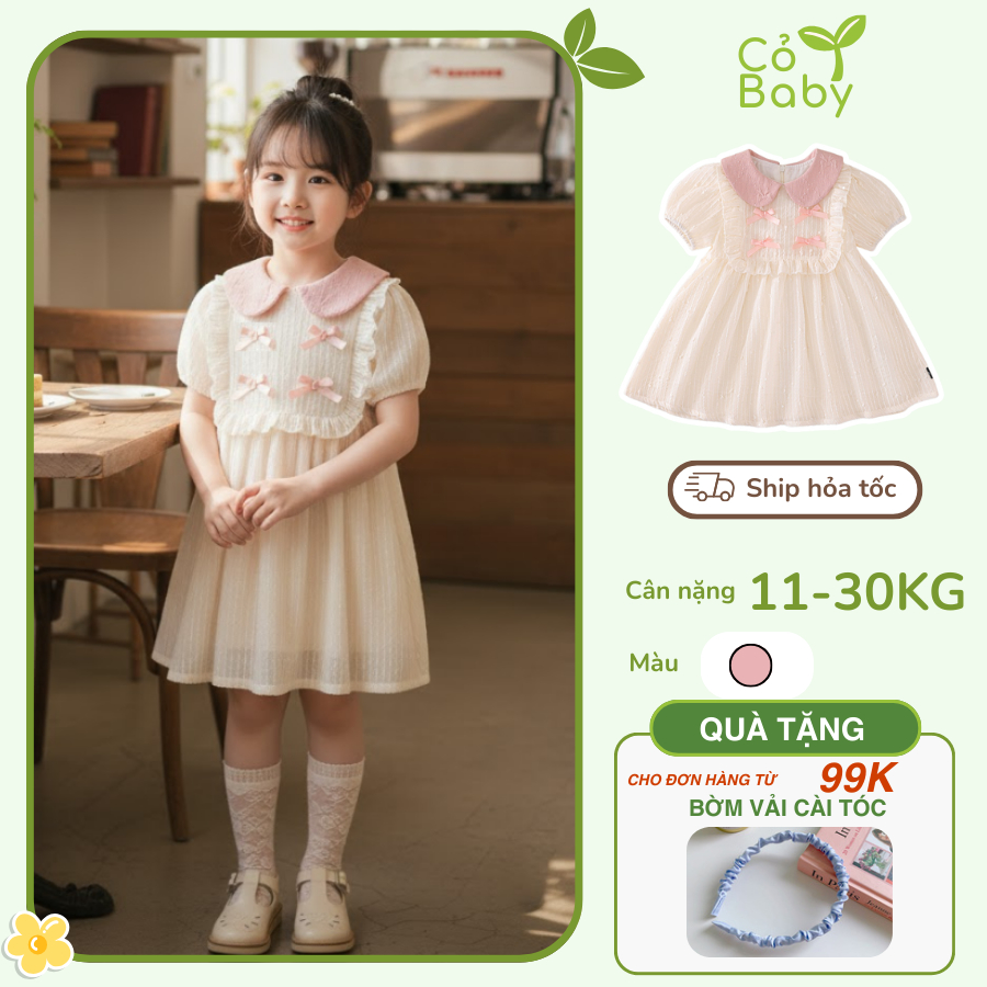 Váy Công Chúa Bé Gái Cỏ Baby Cổ Sen Phối Nơ Trước Ngực, Chất Vải Mềm Mại Phong Cách Tiểu Thư K4125504