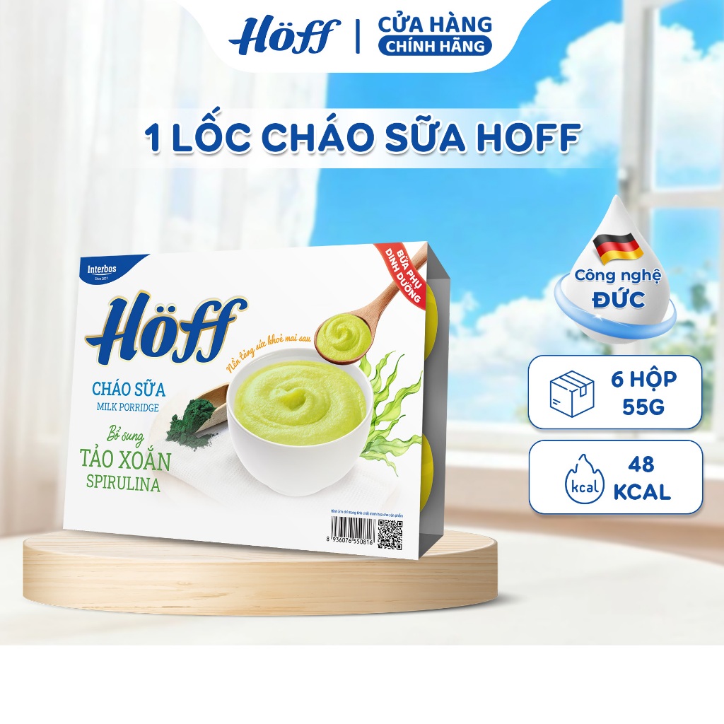 Cháo sữa Tảo xoắn Spirulina Hoff thanh mát, giàu dinh dưỡng cho bé 1 Lốc (55g x 6 hộp)