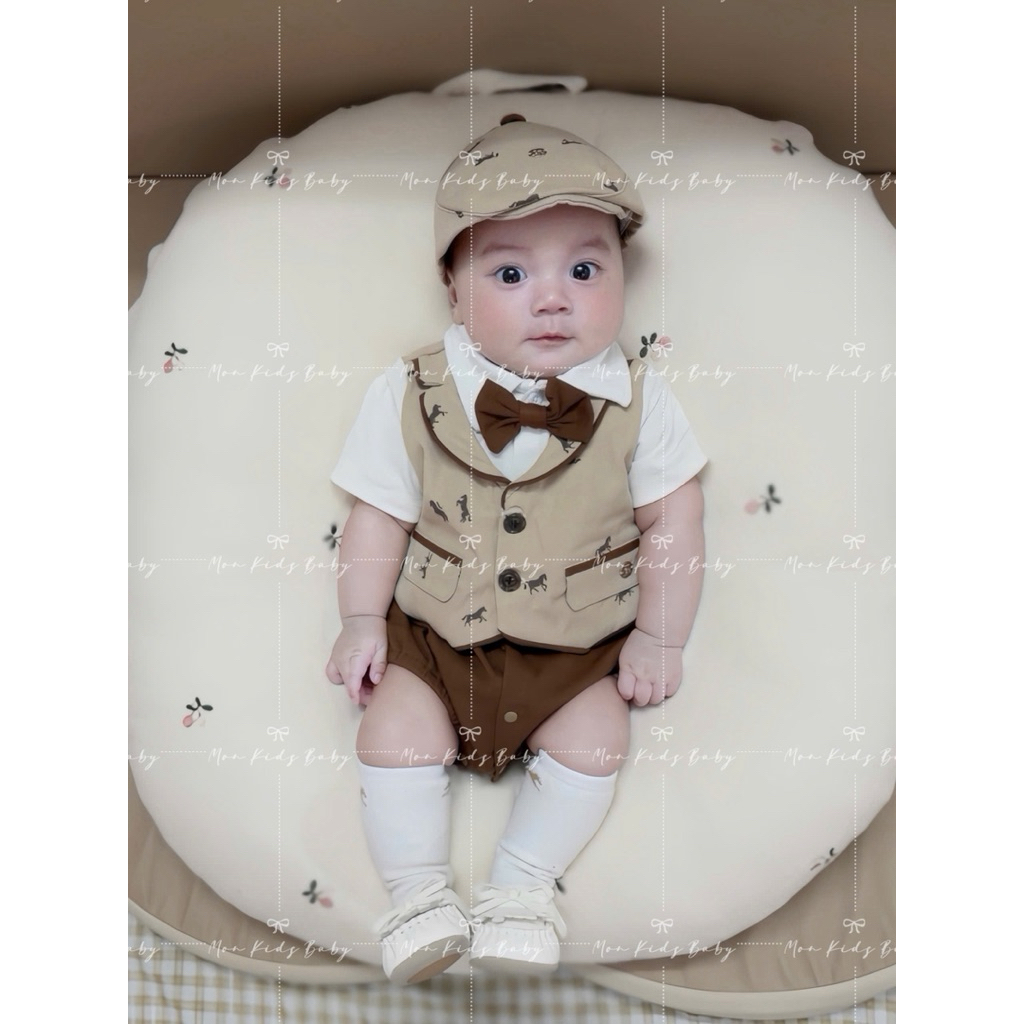 ( HÀNG CÓ SẴN ) Body ettoi ngựa nâu kèm mũ cho bé trai 3-12kg đồ bộ liền thân cho bé