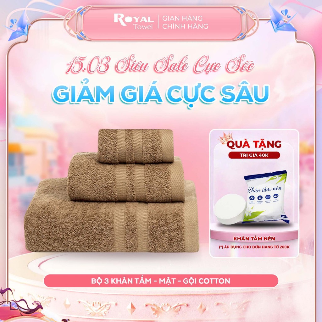 [KOL] Bộ 3 gồm 1 khăn tắm - 1 khăn gội - 1 khăn mặt ROYAL TOWEL 100% cotton dày thấm hút, không ra màu
