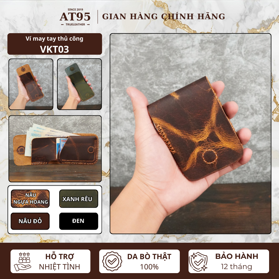 Ví kẹp tiền mini nhỏ gọn da bò sáp hàng thủ công thương hiệu AT95 VKT03