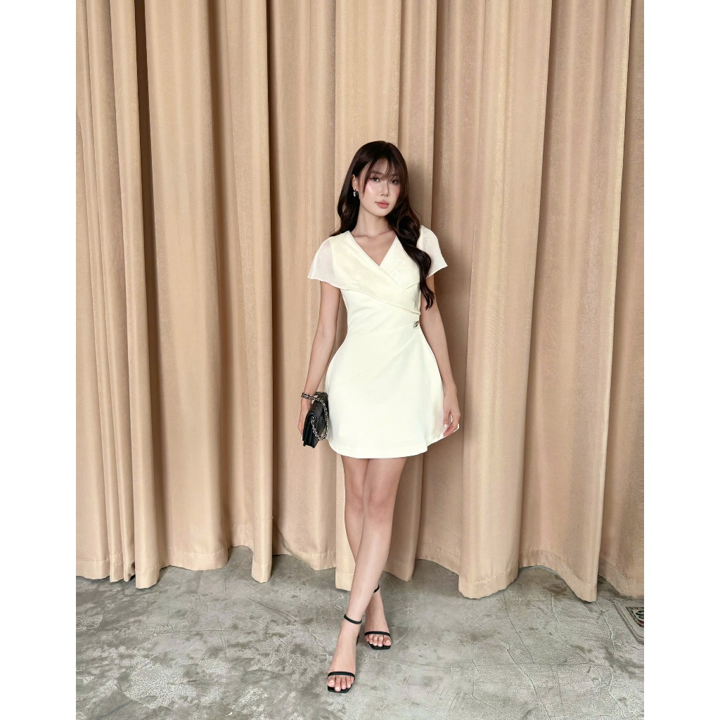 Đầm Nữ JOVEN  Casy Cổ V Phối Voan Xếp Li Eo