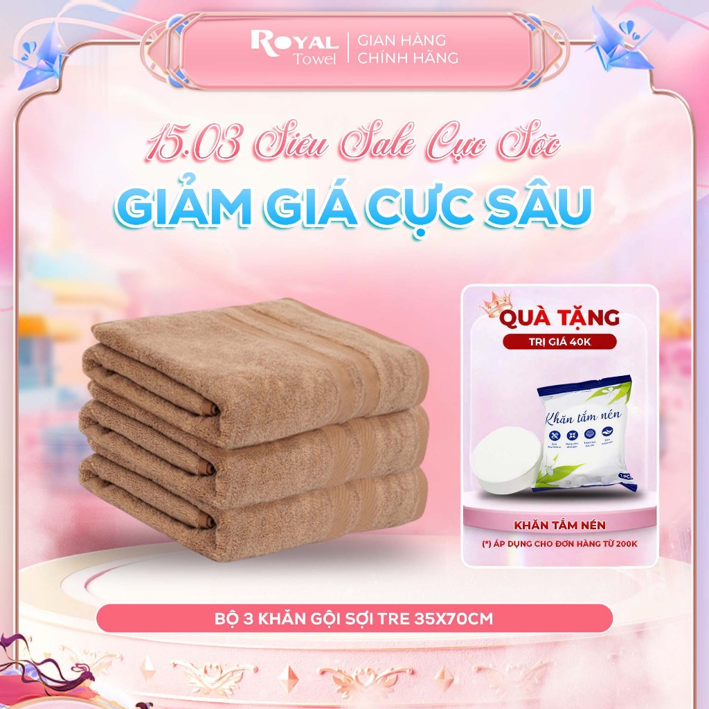 Bộ 3 Khăn Gội 35x70cm Royal Towel Chất Sợi Tre Siêu Mềm Mịn, Thấm Hút Tốt