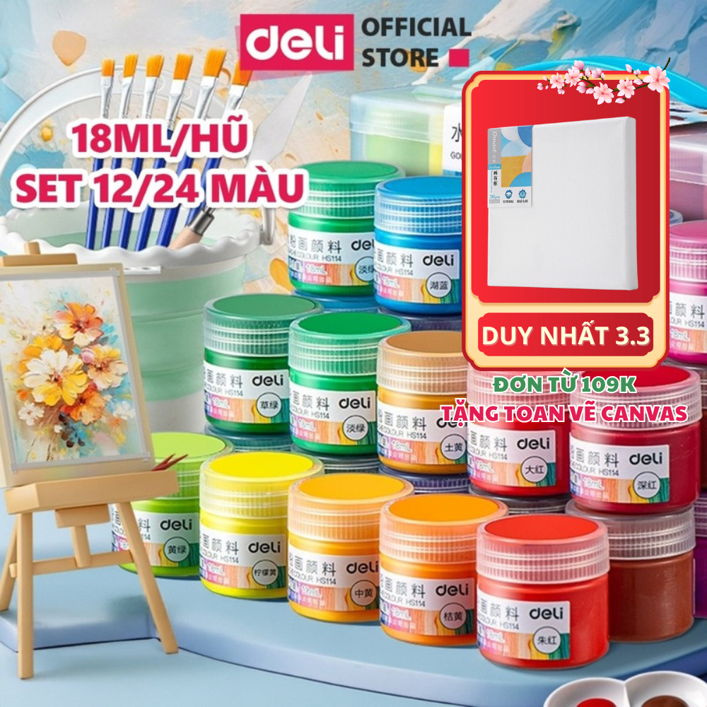 [TẶNG TOAN VẼ] Set Màu Nước Gouache 18ML Cao Cấp Deli 12/24 Màu - Chồng Màu Tốt, Che Phủ Cao, Màu Po