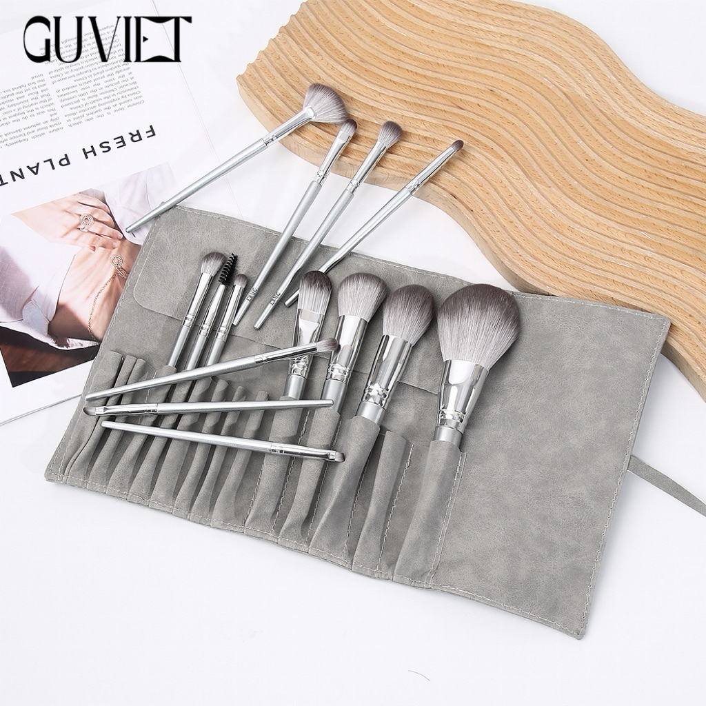 Bộ cọ trang điểm cá nhân GUVIET set 14 cây màu xám bạc có bao da (cốc) | BigBuy360 - bigbuy360.vn