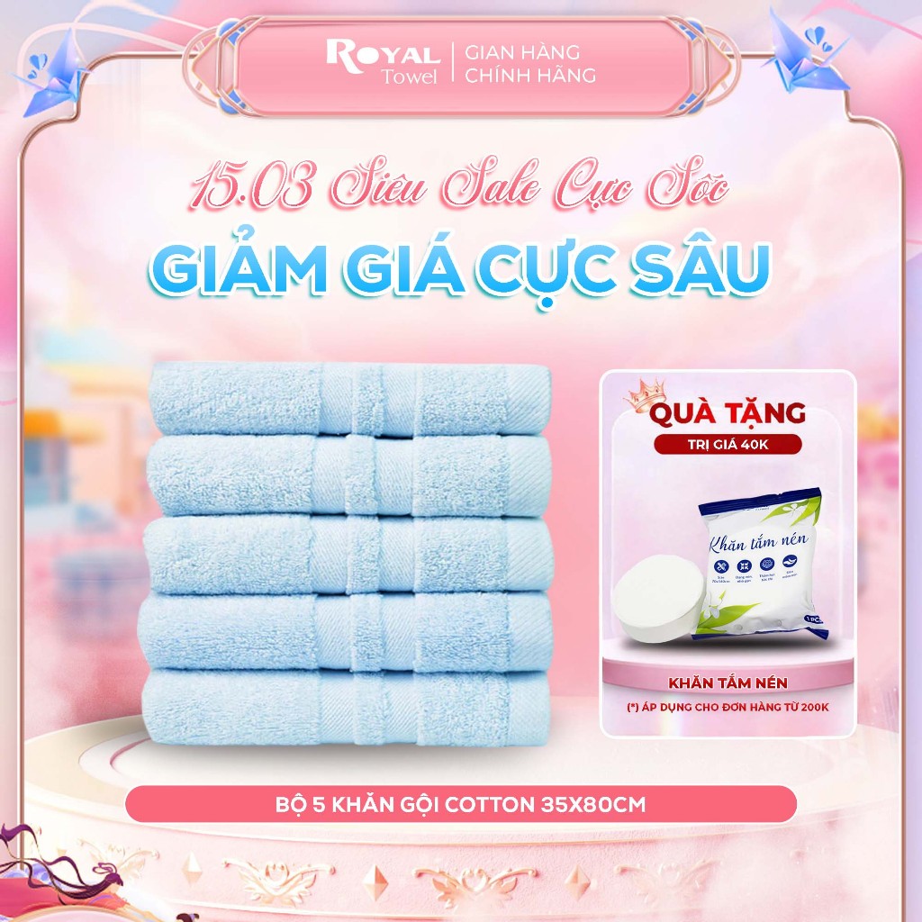 Bộ 5 Khăn Gội 35x80cm Royal Towel 100% Cotton Mềm Mại, Thấm Hút, Kháng Khuẩn