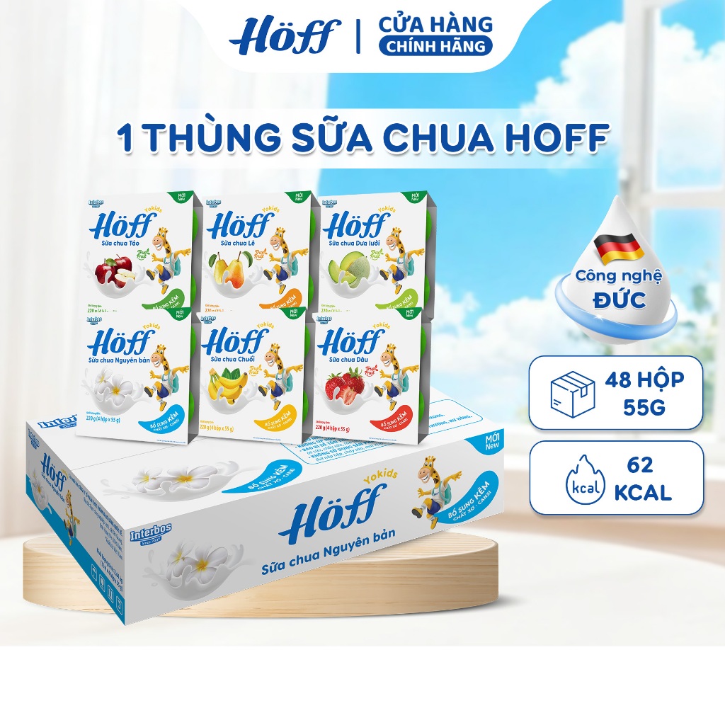 (Mới) Sữa chua HOFF cho bé  mix 6 vị trái cây 1 thùng (48 hộp x 55g)