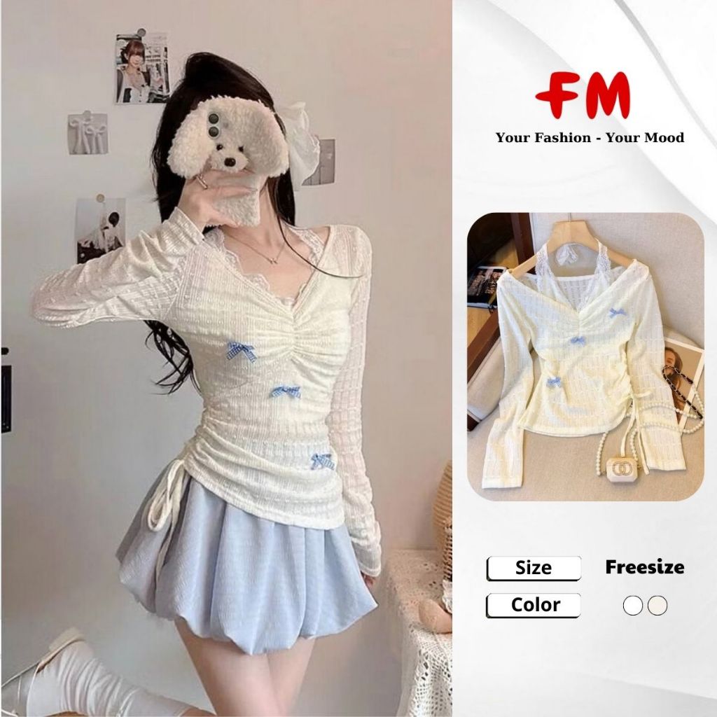 Áo KiểuTay Dài Nữ FMSTYLE SHOP - Chất Ren Tim Yếm Trễ Vai Thêu Nơ Điệu Đà Tôn Dáng 26030222
