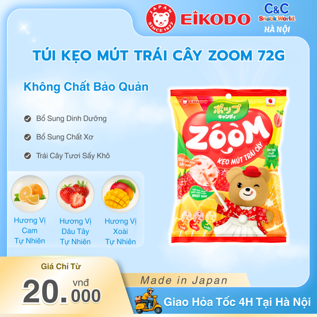 Kẹo Mút Trái Cây Zoom EIKODO 72g (72g*20 gói, 9 cây/gói) - EIKODO HN