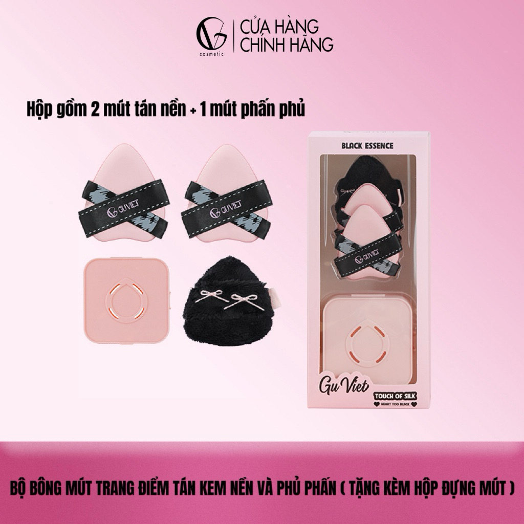 [KOL X GUVIET] Bộ bông mút trang điểm tán kem nền GUVIET màu hồng đen gồm 2 mút nền và 1 mút phủ phấ