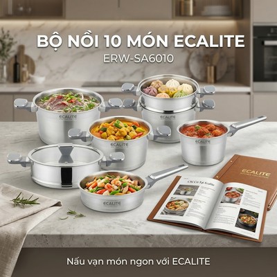 Bộ Nồi Chảo Inox 10 Món Cao Cấp Ecalite ERW-SA6010 - Dùng Cho Mọi Loại Bếp, Inox 304 Sáng Bóng