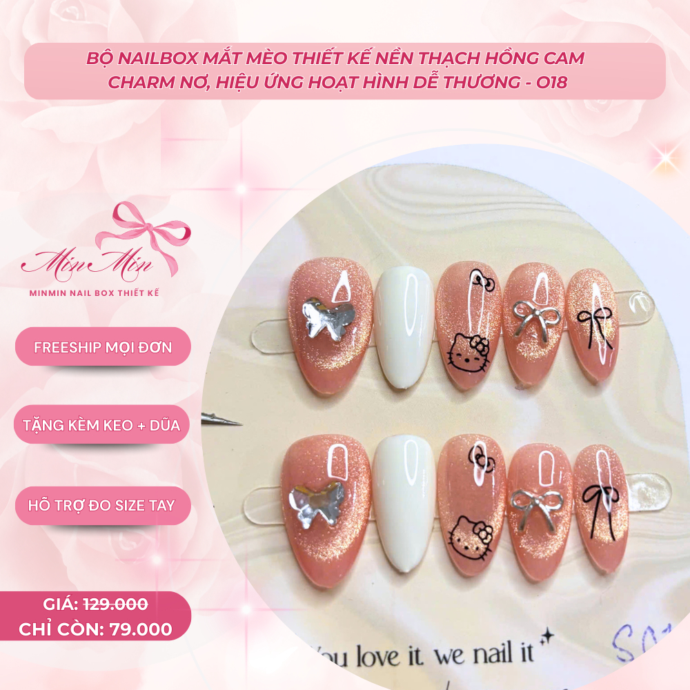 [ TẶNG KEO, DŨA ] Bộ Nailbox Mắt Mèo Nền Thạch Hồng Cam - Charm Nơ, Hiệu Ứng Hoạt Hình Dễ Thương (O1