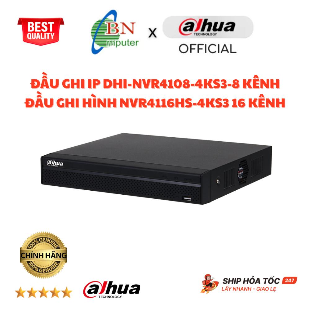 Đầu ghi IP DHI-NVR4108-4KS3-8 kênh, Đầu ghi hình NVR4116HS-4KS3 16 kênh chất lượng, chính hãng