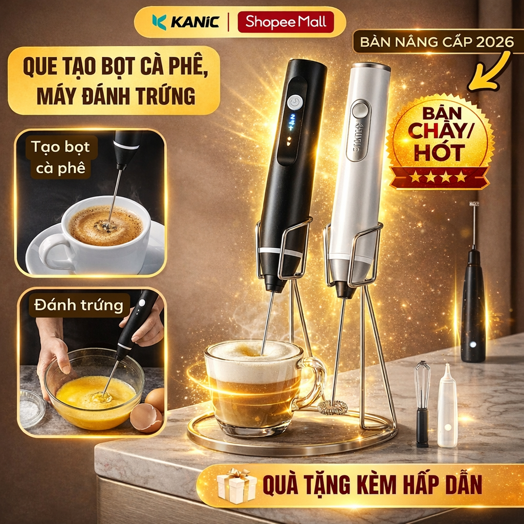 Máy tạo bọt cafe KANIC, dụng cụ đánh trứng mini cầm tay không dây pha chế tiện lợi 3 tốc độ sử dụng pin sạc usb cao cấp