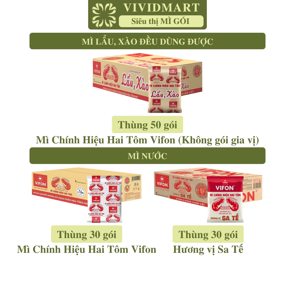 [THÙNG30-50GÓI]-VIFON- Mì chính hiệu hai tôm Vifon 3 vị: Sa tế 75g, Sa tế 60g, Không gia vị, Mì Vifo
