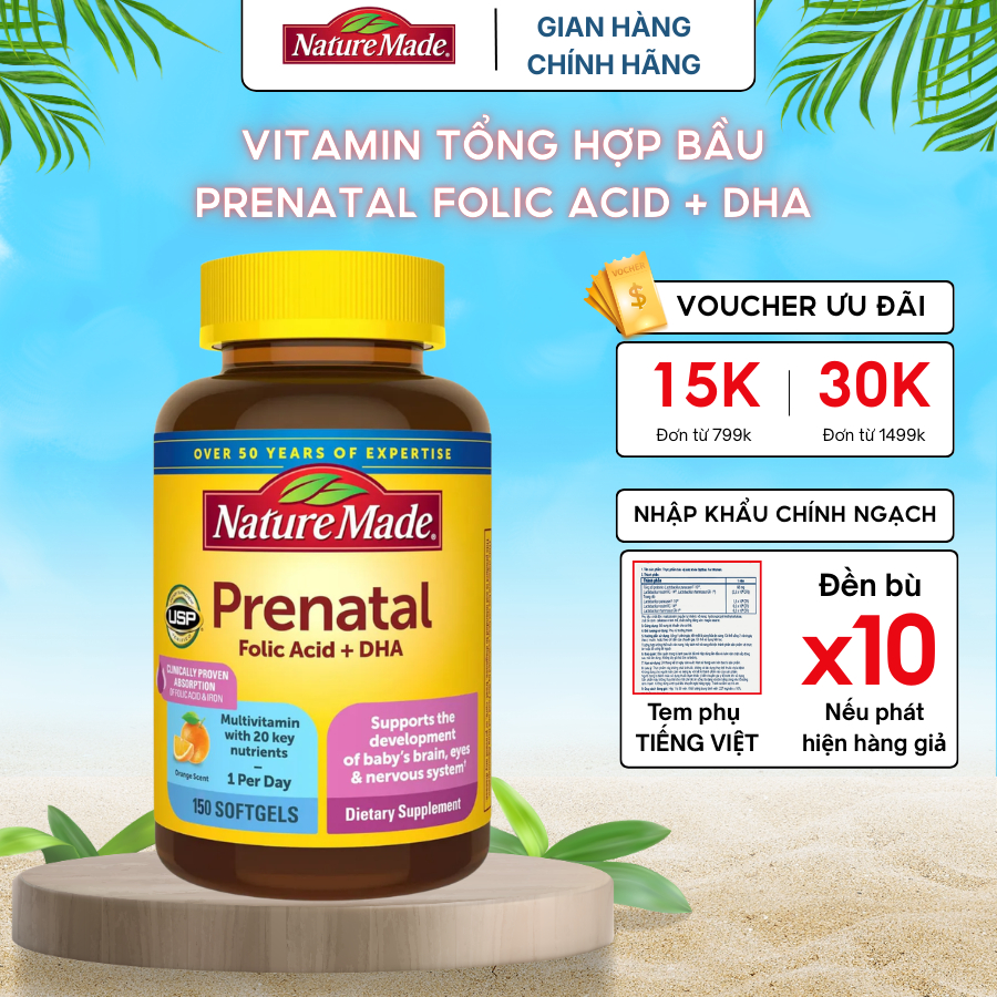 Vitamin tổng hợp cho mẹ bầu Prenatal Folic Acid + DHA Nature Made giúp mẹ và bé phát triển toàn diện