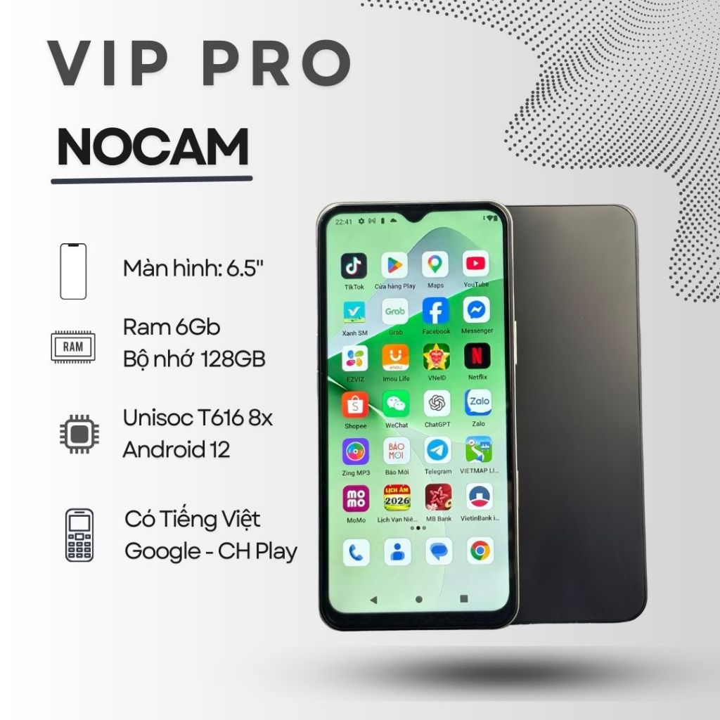 Điện thoại Vip Pro Nocam 128GB - Điện thoại Không Camera, pin trâu, Android 12, có CHPlay