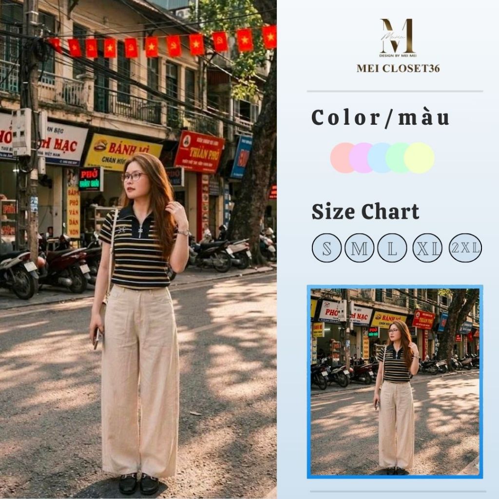 Set Đồ Nữ MeiMei Áo Thun Polo Nữ Kẻ Ngang Phối Quần Ống Rộng Thời Trang ST25519 Ver5