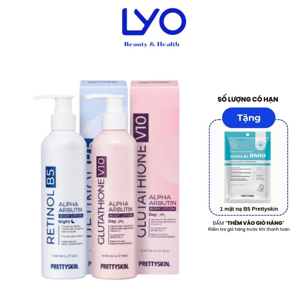 Kem dưỡng trắng da body Prettyskin Glutathione V10 & Retinol B5 250ml