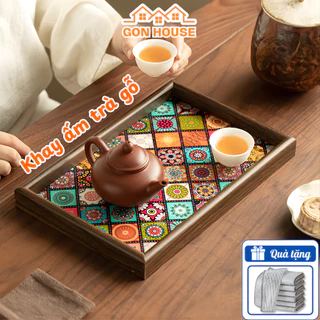 Khay Trà Gỗ Họa Tiết Mosaic Phong Cách Bohemian GONHOUSE Khay Đựng Ly Cốc Sang Trọng, Decor Nhà Cửa Tiện Lợi