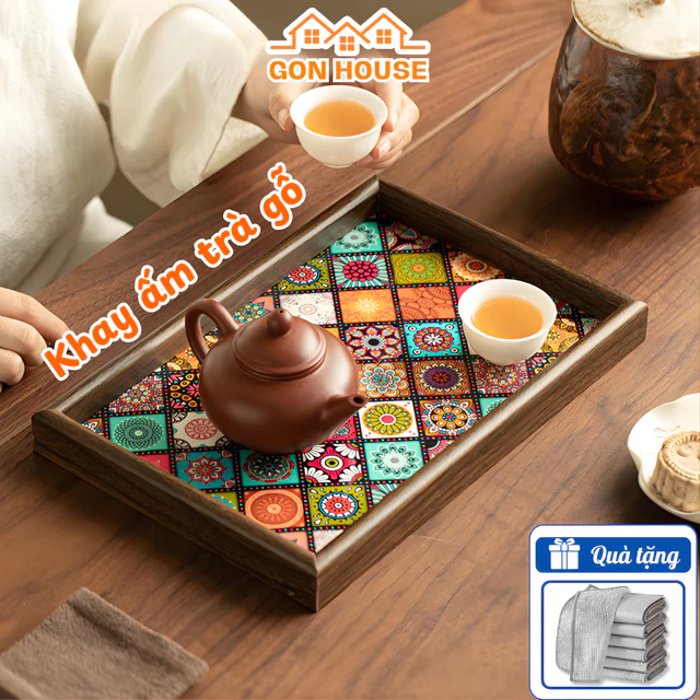Khay Trà Gỗ Họa Tiết Mosaic Phong Cách Bohemian GONHOUSE Khay Đựng Ly Cốc Sang Trọng, Decor Nhà Cửa Tiện Lợi
