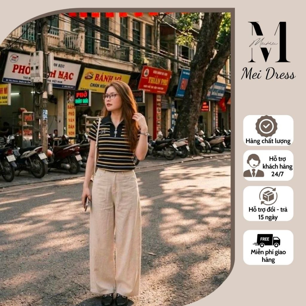 Set Đồ Nữ MeiMei Áo Thun Polo Nữ Kẻ Ngang Phối Quần Ống Rộng Thời Trang ST25519 Ver7