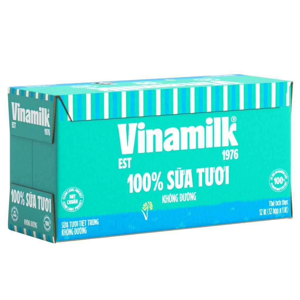 Thùng 12 hộp sữa tươi tiệt trùng không đường Vinamilk Sữa tươi 100% 1 lít