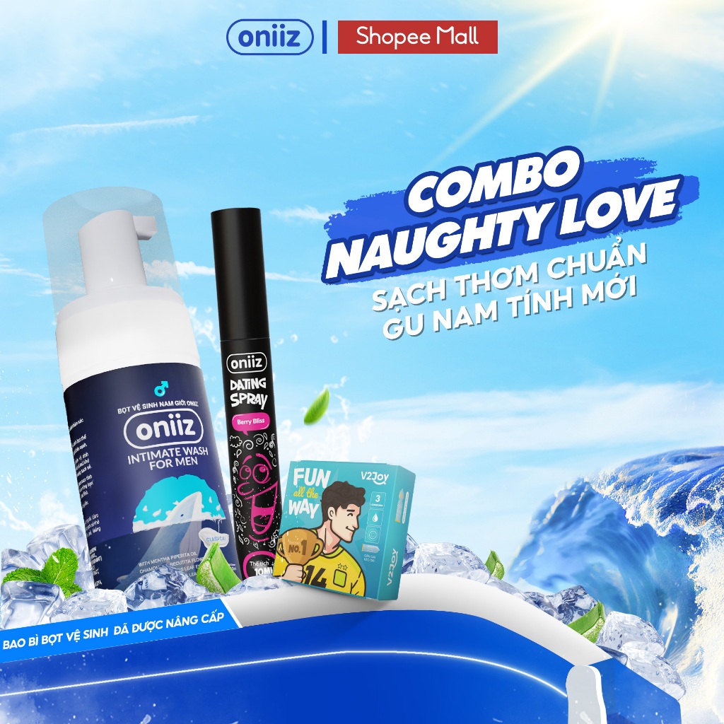 Combo Naughty Love Oniiz Bọt vệ sinh nam giới, Xịt thơm miệng dating spray, Bao cao su V2Joy siêu mỏ