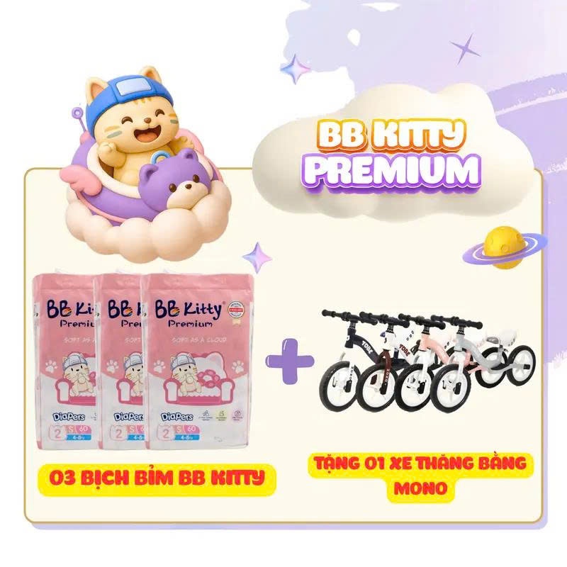 Tã Bỉm BB Kitty Premium / COMBO 3 BỊCH BỈM BB KITTY TẶNG XE THĂNG BẰNG MONO
