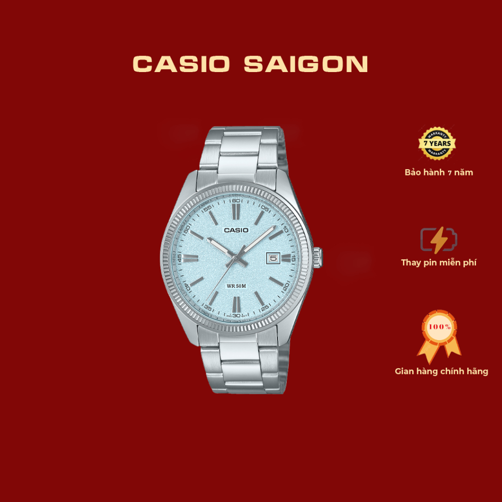 (Chính Hãng) Đồng Hồ Nam Casio MTP-1302DA-2A2 Xanh Ice Blue Vân Đá Size 38.5 - Bảo Hành 7 Năm