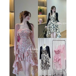 Đầm nữ thiết kế chất lụa hoa 100D hai dây voan nhún ngực váy maxi dáng suông phối bèo xẻ kèm áo khoác gân cao cấp