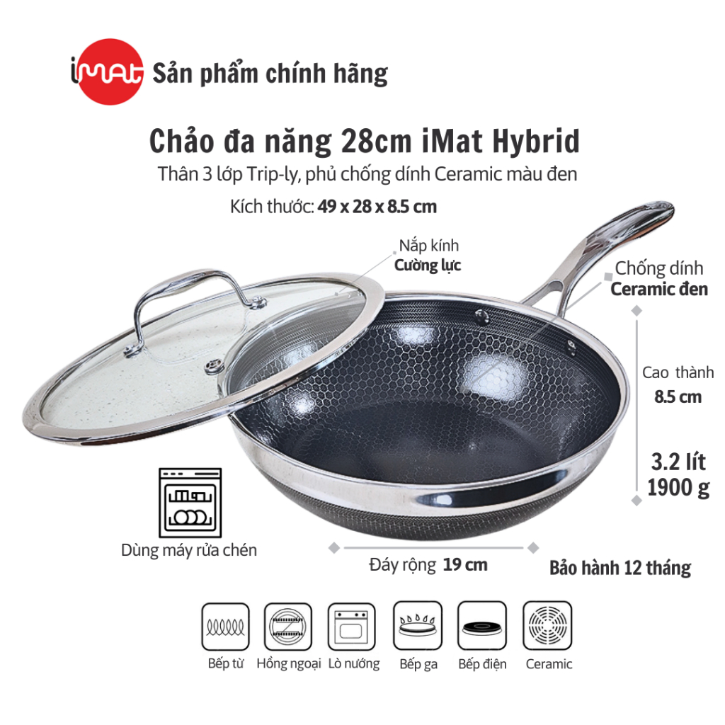 [IMAT chính hãng] Chảo xào/ đa năng sâu lòng inox iMat Hybrid  Blackcube 28cm chống dính Ceramic đen