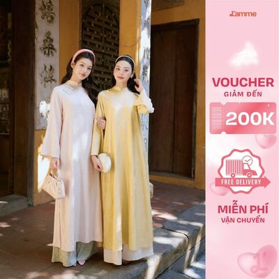 [Kèm quần lụa + Khăn lụa] Áo dài thiết kế dáng suông Lam Nhã chất liệu gấm, hoa văn dệt nổi 2 tà BST PHONG HOA BY L'AMME