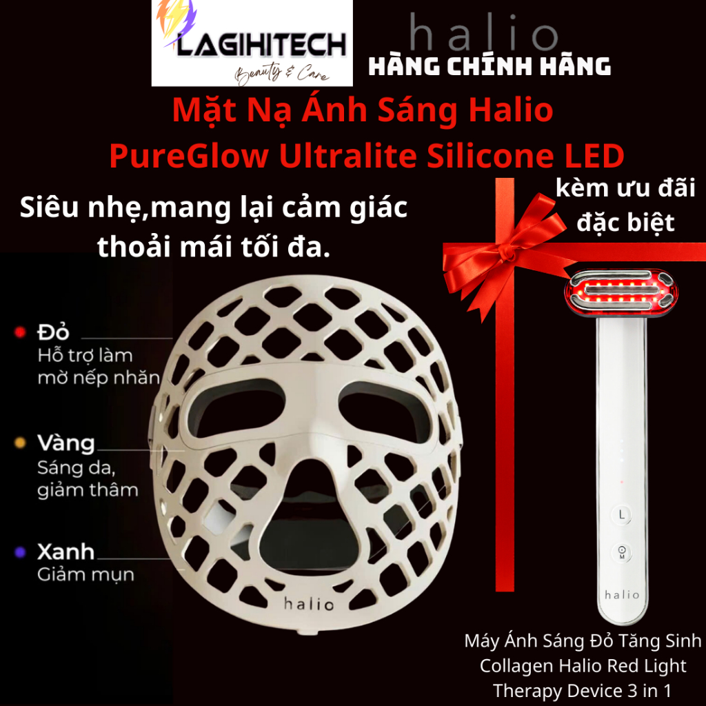 [ĐẶC BIỆT KÈM RED LIGHT] Mặt Nạ Ánh Sáng Halio PureGlow Ultralite Silicone LED Face Mask (BH 12 Thán
