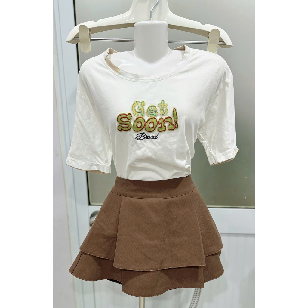 Thanh Lý Set Bộ Áo Thun In Chữ "Get Soon" + Chân Váy 2 Tầng Màu Nâu Tây-Size M