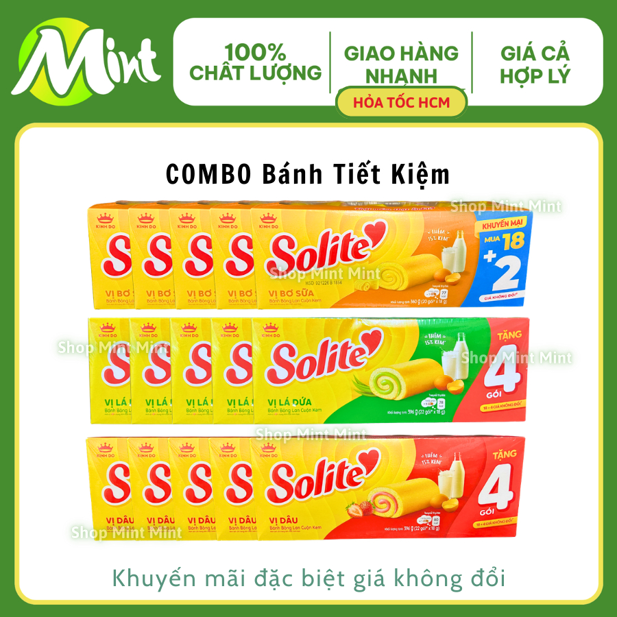 [COMBO 3/ 5 Khay] Bánh bông lan cuộn kem Solite vị Bơ sữa/ Dâu/ Lá Dứa - 360G - Mint Mint