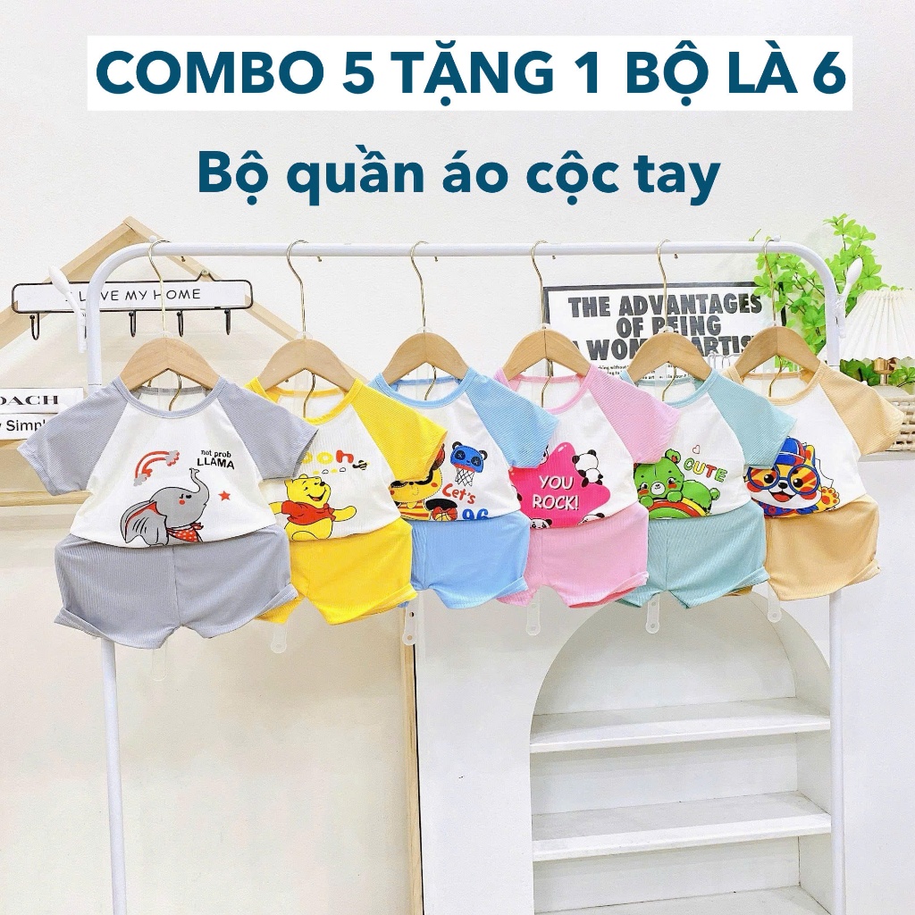[MS27] Combo 5 Bộ (Tặng 1 Bộ Là 6) Cộc Tay Thun Tăm Cho Bé Gái Bé Trai In Hình Dễ Thương 3-15Kg