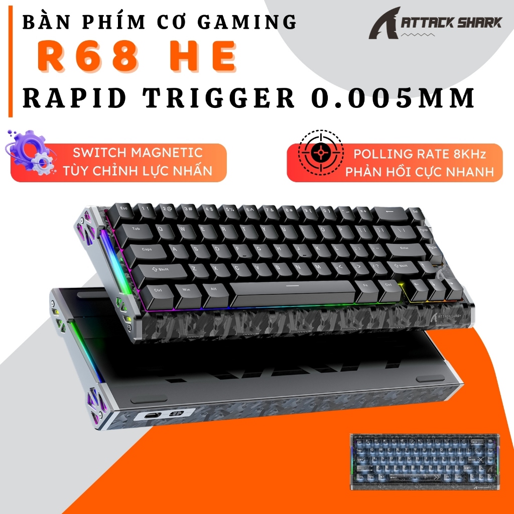 Bàn Phím Cơ Từ Attack Shark R68HE Carbon Fiber 60% - Rapid Trigger 0.005mm, Polling Rate 8000Hz, RGB | BigBuy360 - bigbuy360.vn