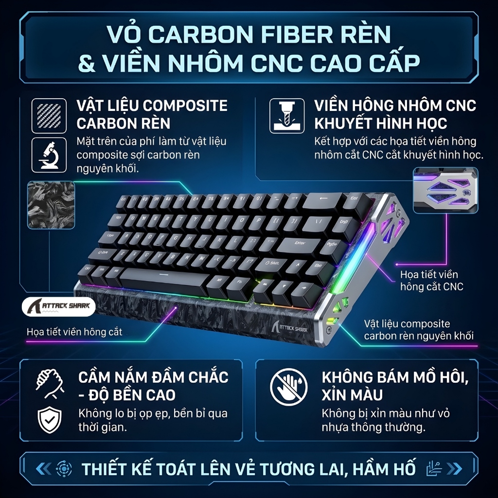 Bàn Phím Cơ Từ Attack Shark R68HE Carbon Fiber 60% - Rapid Trigger 0.005mm, Polling Rate 8000Hz, RGB | BigBuy360 - bigbuy360.vn
